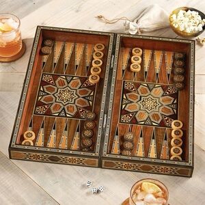 Intricate Inlaid Wooden Backgammon Set - Brown & Black